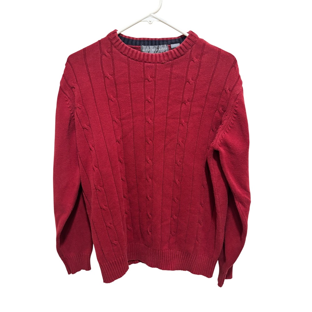 VTG Oscar de la Renta Cable Knit Sweater Mens Large Burgundy Red Cotton Pullover